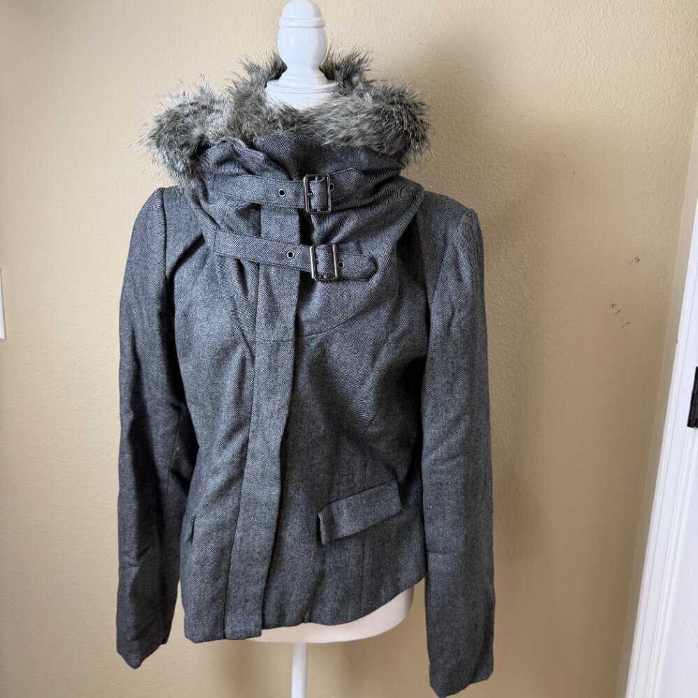 Kenneth Cole Fur Collared Charcoal Zip Blazer Size Medium